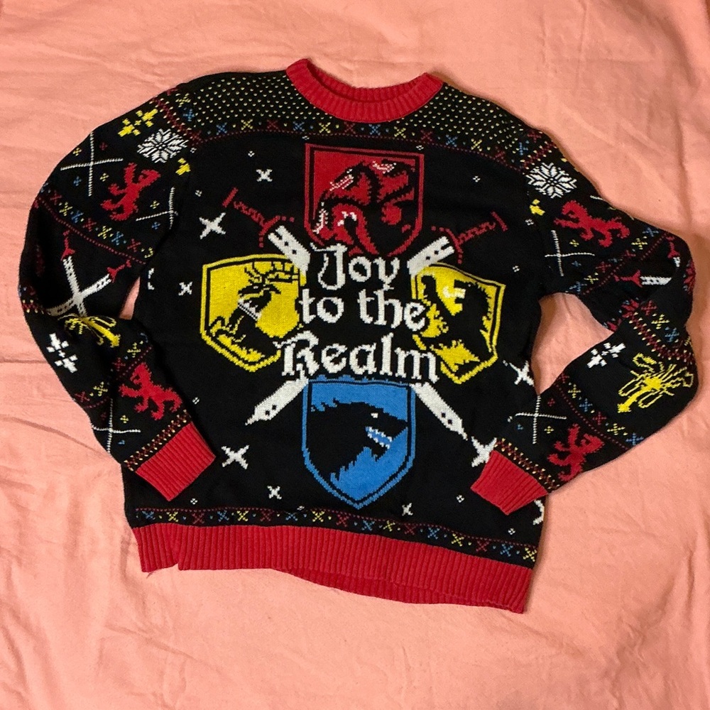 Festive Black Crewneck Sweater with Colorful Accents